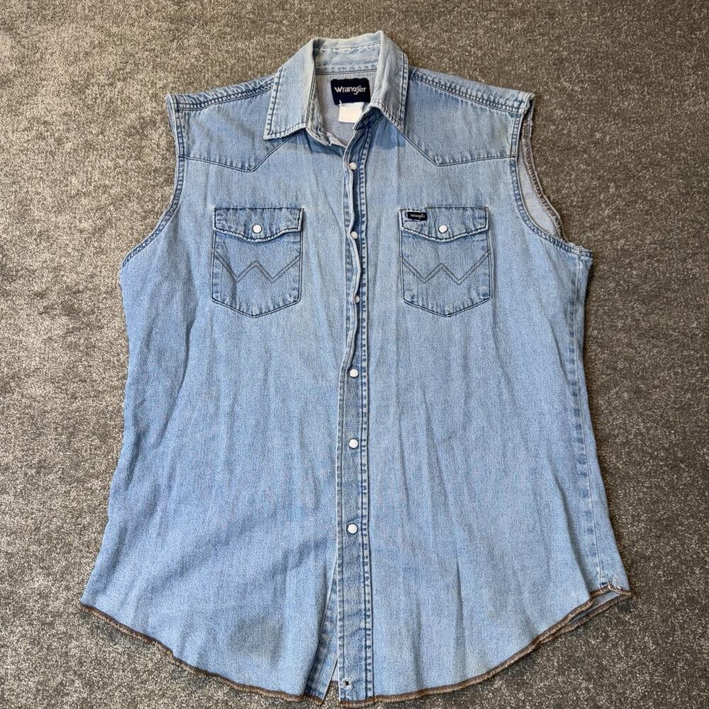 Wrangler Pearl Snap Denim Shirt Mens L Sleeveless Western Distressed Gold Stitch